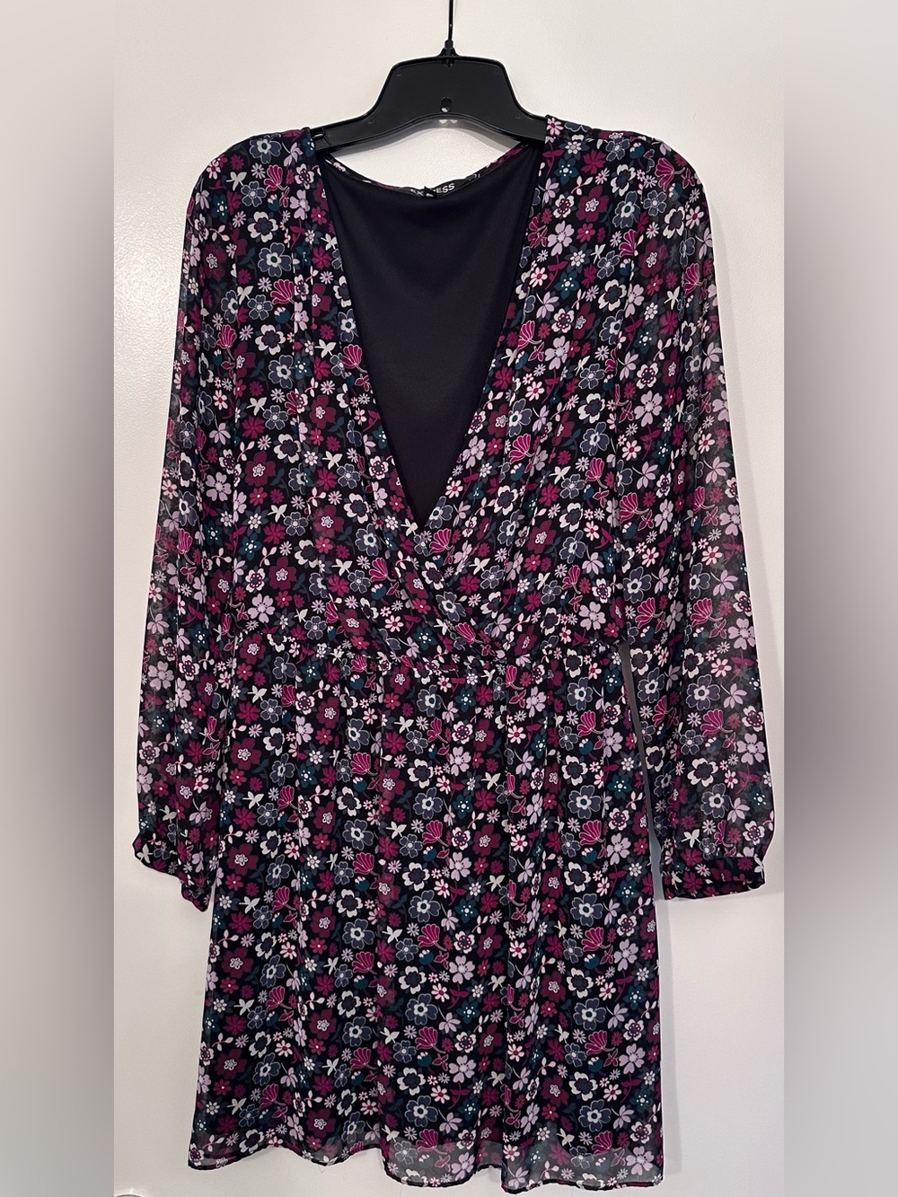 Express Black Floral Wrap-Front Tunic with Magenta and Lilac Accents